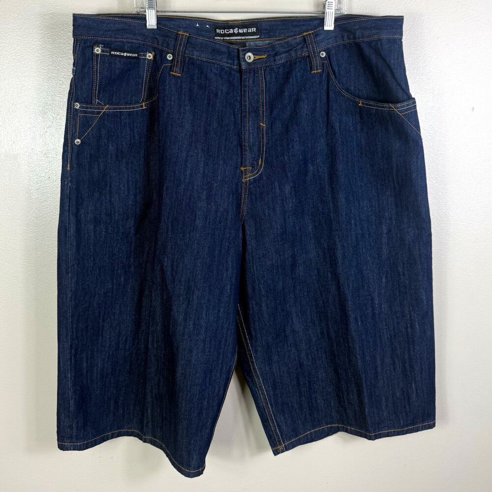 Rocawear Men’s Blue Dark Wash Cotton Denim Shorts Button 5-Pocket Logo Size 42
